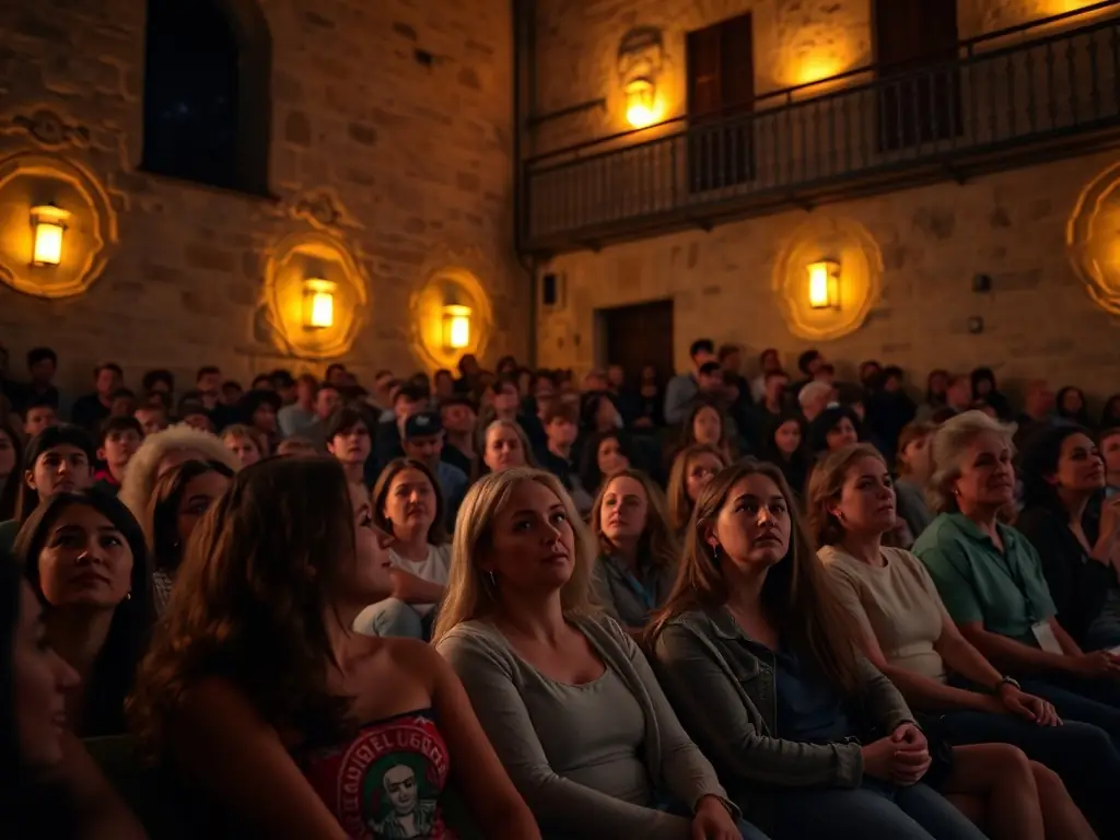 An image of a diverse audience watching a film screening in a historic venue in Carcassonne, with vibrant lighting and engaged viewers, capturing the essence of CINEBASTIDE's cultural film screenings.