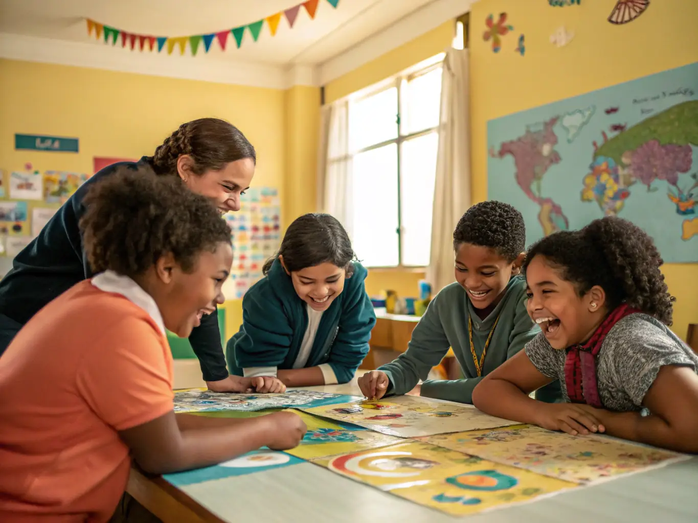 A heartwarming photograph of children participating in a CINEBASTIDE community engagement program, showing them actively involved in a filmmaking workshop. The setting is a local school or community center.