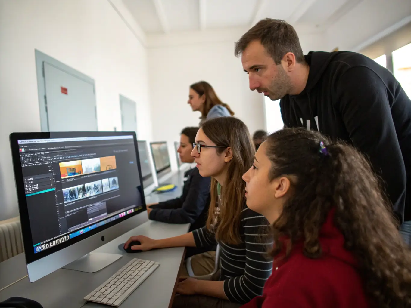 A group of students participating in a CINEBASTIDE community engagement program, learning about filmmaking and cinematic arts.