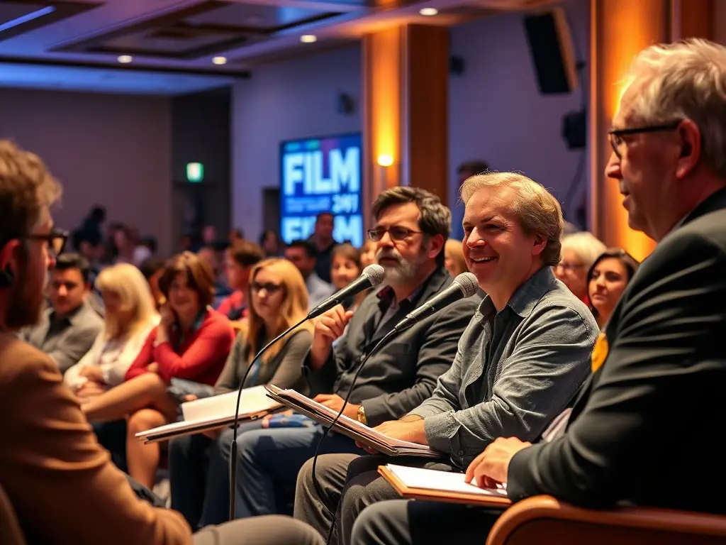 A dynamic image capturing the energy of the International Political Film Festival, featuring filmmakers, activists, and audience members interacting during a panel discussion. The backdrop includes festival banners and film stills.