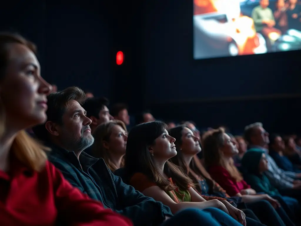 A diverse audience attentively watching a film screening at a CINEBASTIDE event, showcasing community engagement and cultural participation.