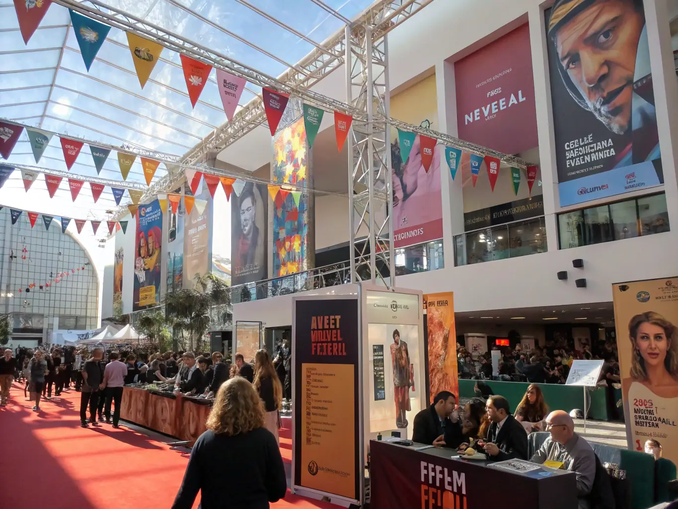 A vibrant scene from the International Political Film Festival with filmmakers, audiences, and panel discussions in a cultural venue, showcasing the dynamic atmosphere of the event.