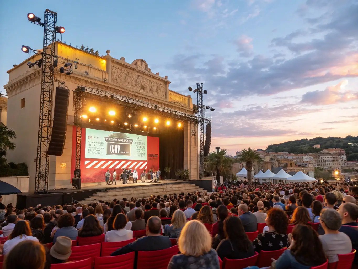 A vibrant scene from the International Political Film Festival, capturing the energy and excitement of filmmakers and attendees engaging in discussions.